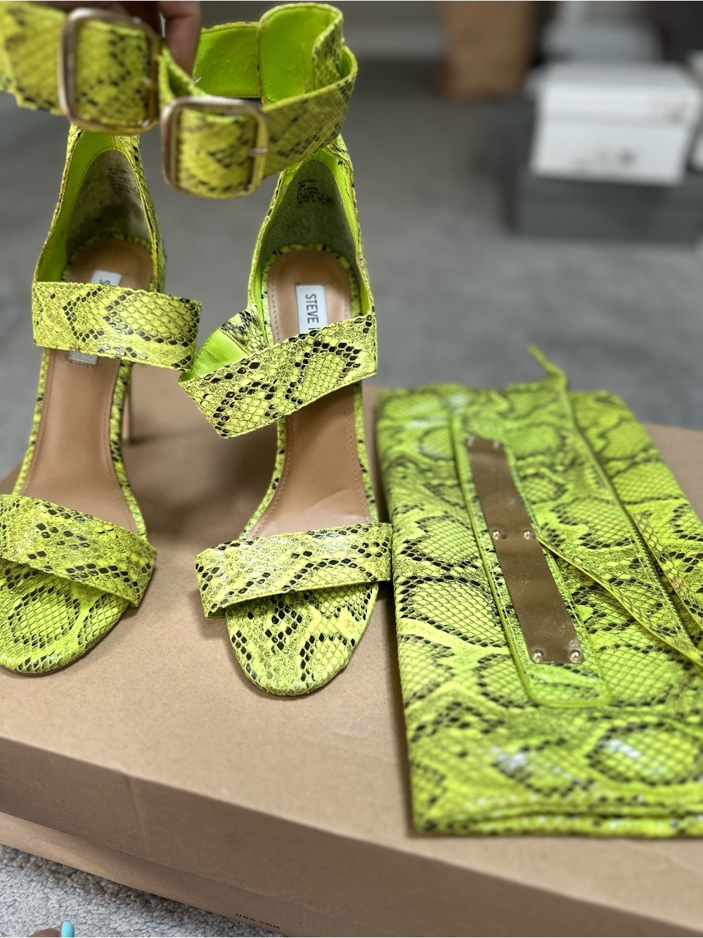 Steve Madden Neon Lime Snake-Print Ankle Strap Heels with Matching Clutch